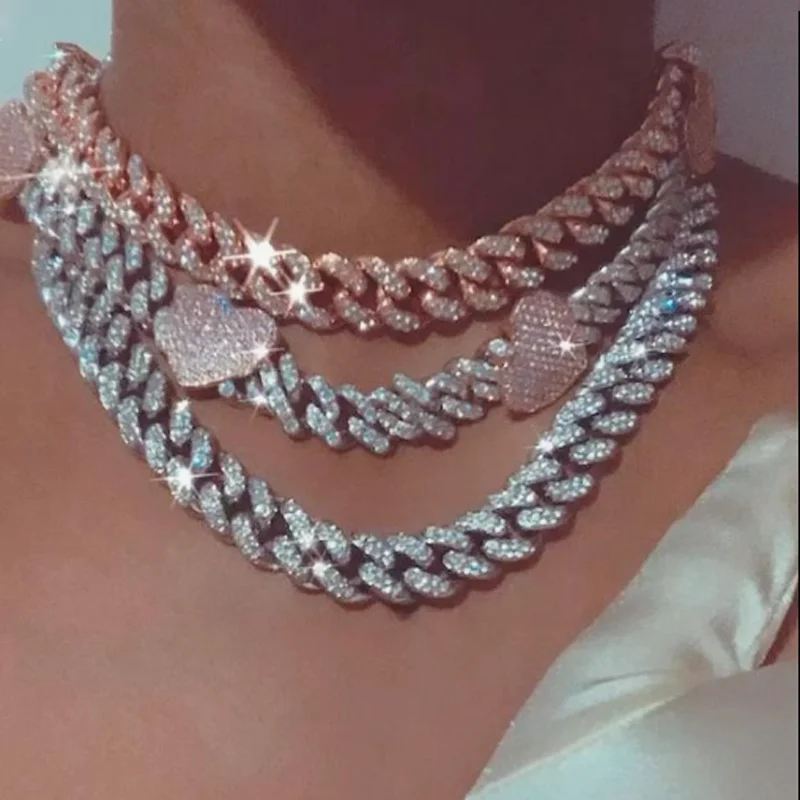 핑크 하트 아이스 아웃 블링 Cz 초커 목걸이, 여자  - Cuban Link Chain 12Mm 리뷰 및 가격