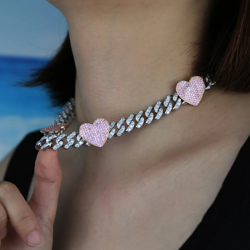 핑크 하트 아이스 아웃 블링 Cz 초커 목걸이, 여자  - Cuban Link Chain 12Mm 리뷰 및 가격
